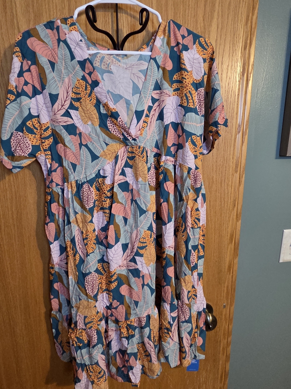 Tropical Leaf Print V-Neck Babydoll Dress - Teal, Pink & Mustard Cup She